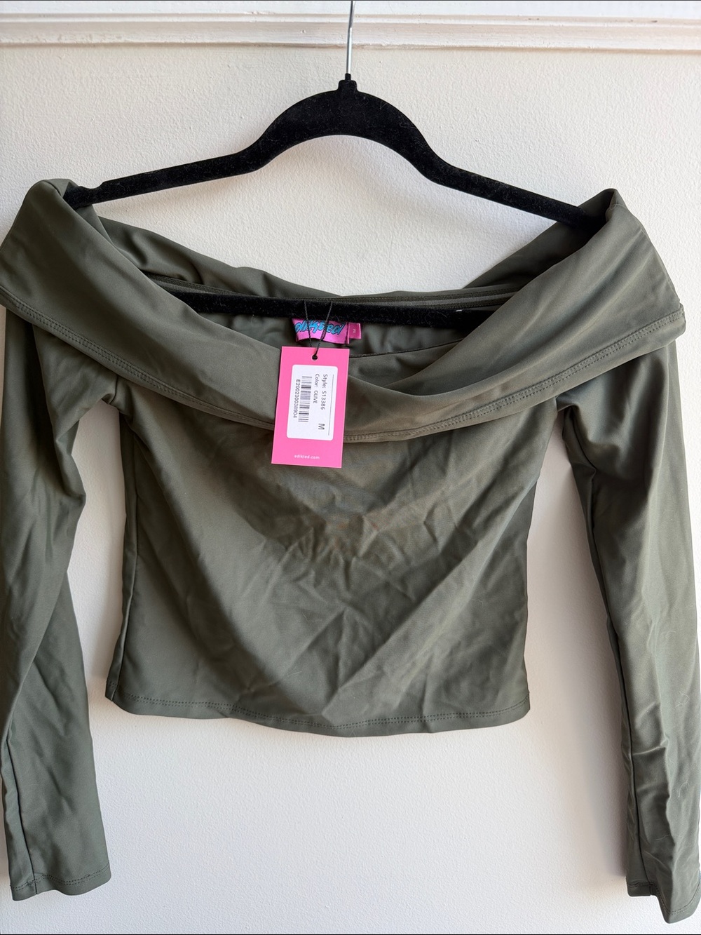 Edikted Olive Off-The-Shoulder Long Sleeve Crop Top